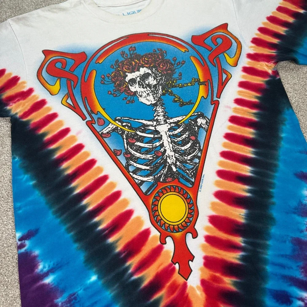 Grateful Dead Liquid Blue Tie Dye T Shirt Steal Your Face Skeleton Roses‎ Medium